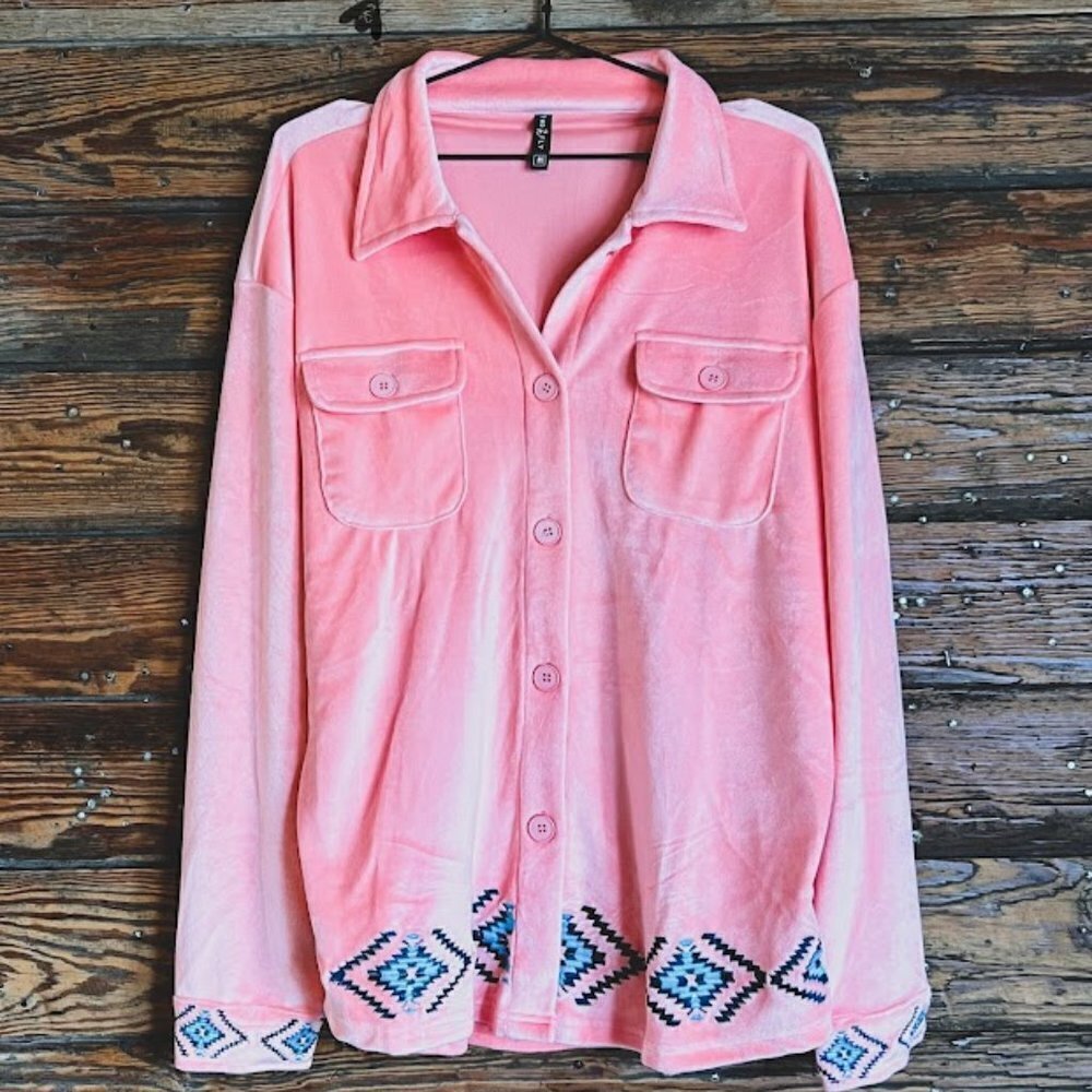 THE KINGMAN BUBBLE LADIES PINK VELVET LONG SLEEVE SHACKET